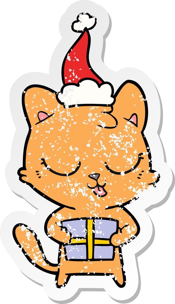 cute distressed sticker cartoon of a cat wearing santa hat vector