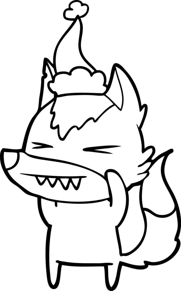 angry wolf line drawing of a wearing santa hat vector