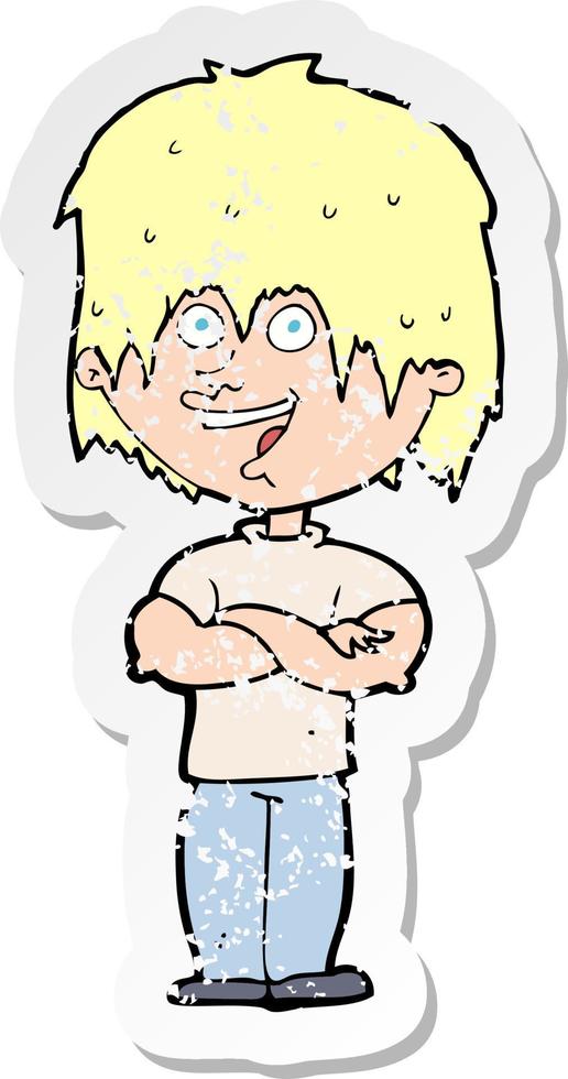 retro distressed sticker of a cartoon happy man vector
