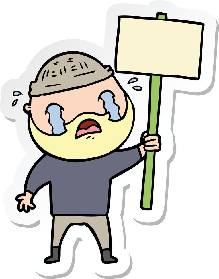 sticker of a cartoon bearded protester crying vector