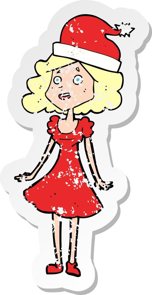 retro distressed sticker of a cartoon woman dressed for christmas vector