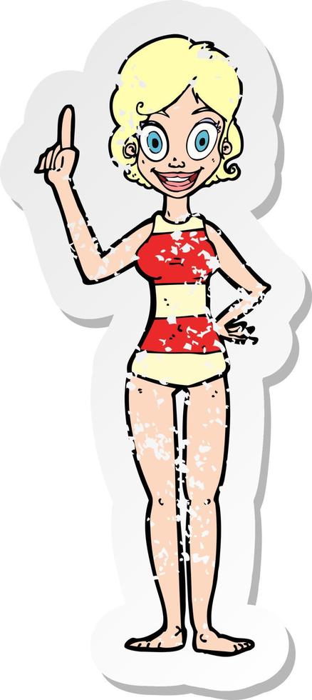 pegatina retro angustiada de una mujer de dibujos animados en traje de baño a rayas vector