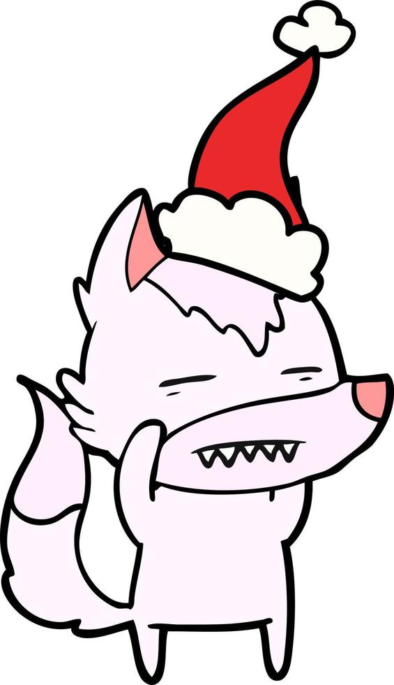 line drawing of a wolf showing teeth wearing santa hat vector