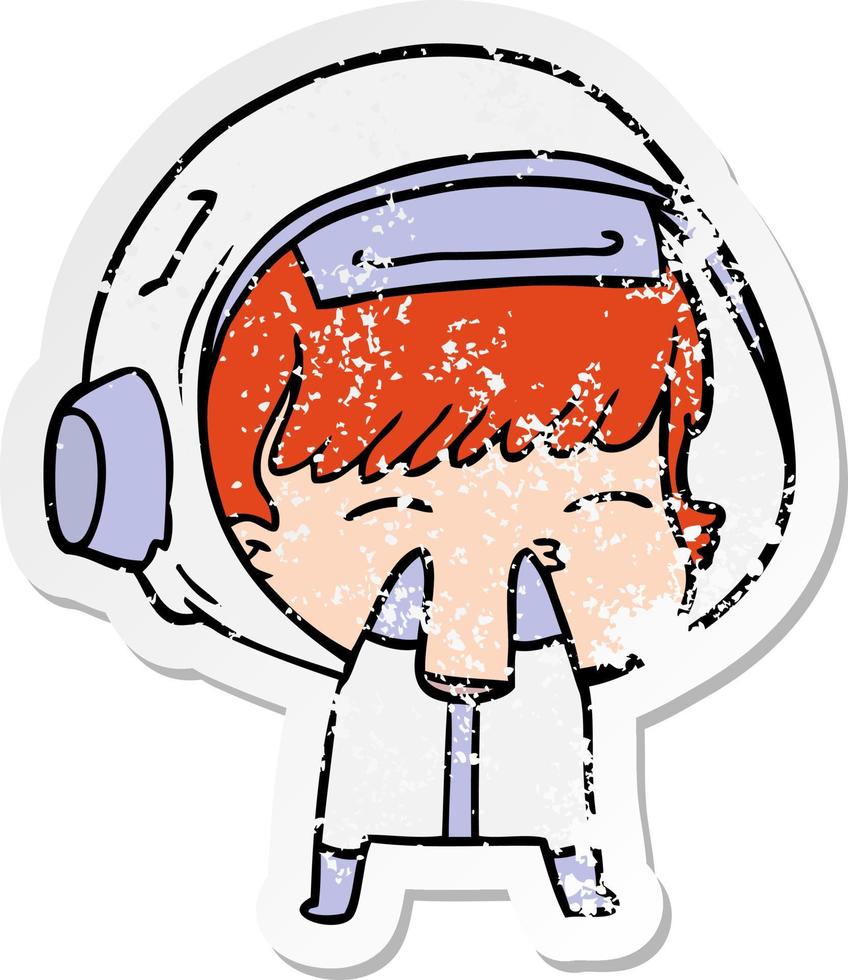 distressed sticker of a cartoon curious astronaut vector