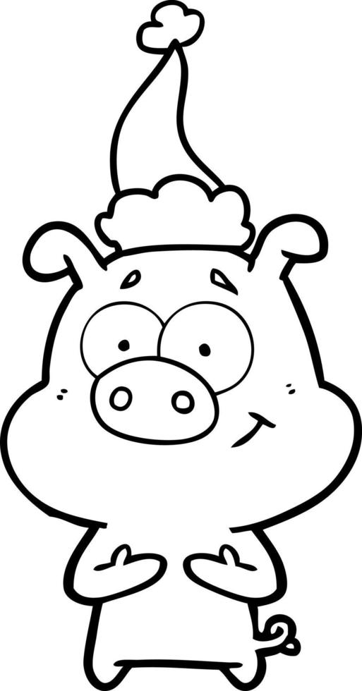 happy line drawing of a pig wearing santa hat vector