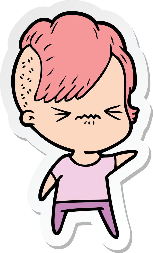 sticker of a cartoon annoyed hipster girl vector