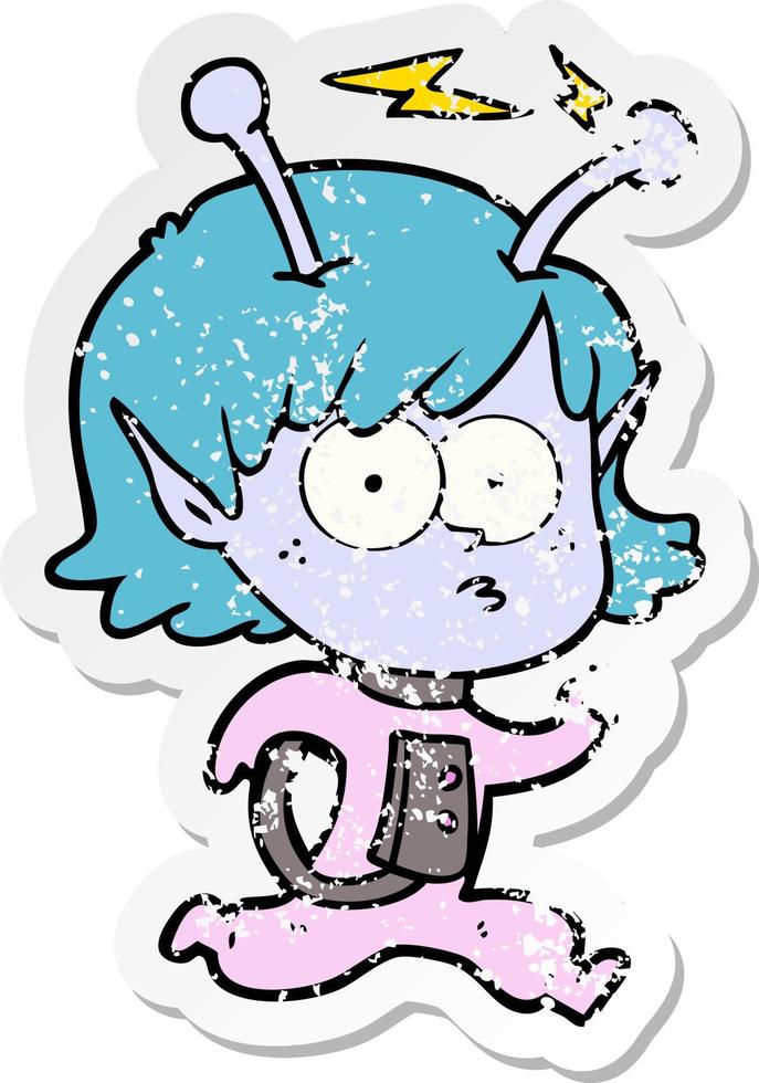 distressed sticker of a cartoon alien girl vector