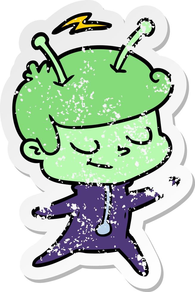 distressed sticker of a friendly cartoon spaceman dancing vector