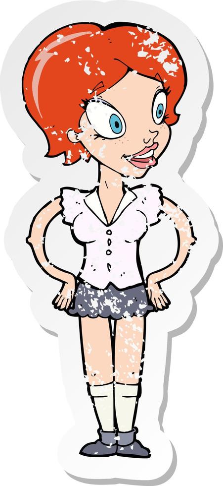 retro distressed sticker of a cartoon happy woman in short skirt vector