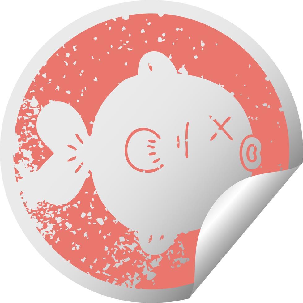 quirky distressed circular peeling sticker symbol fish vector