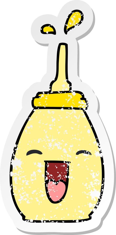 distressed sticker of a quirky hand drawn cartoon happy mustard vector