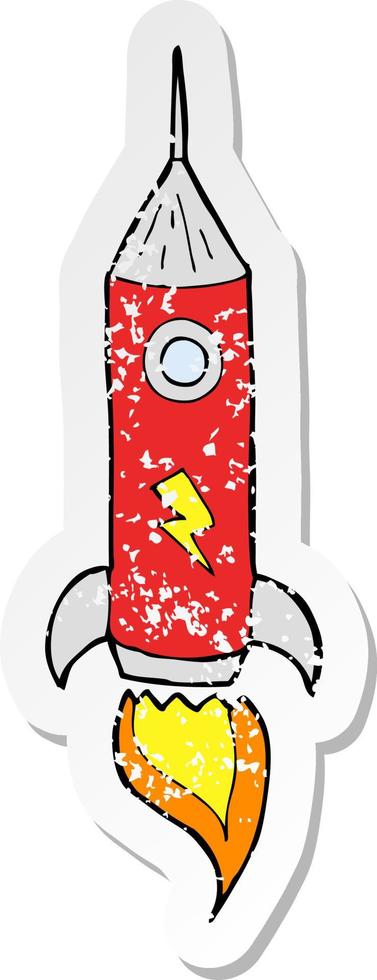 retro distressed sticker of a cartoon space rocket vector