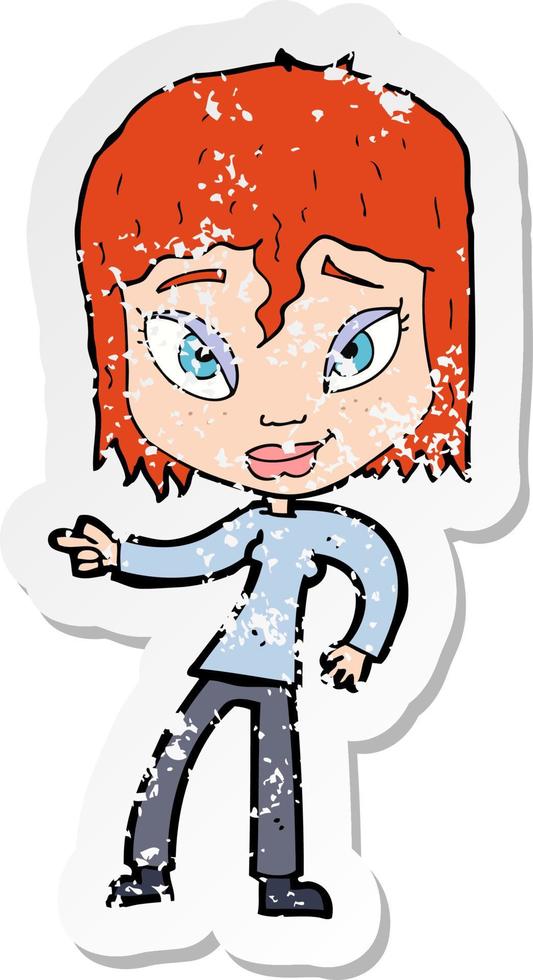 retro distressed sticker of a cartoon relaxed woman pointing vector