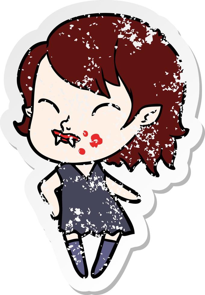 distressed sticker of a cartoon vampire girl with blood on cheek vector