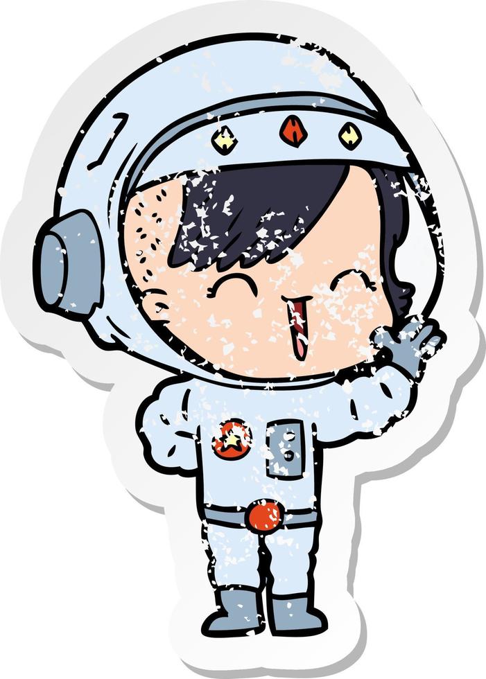 distressed sticker of a cartoon happy astronaut girl waving vector
