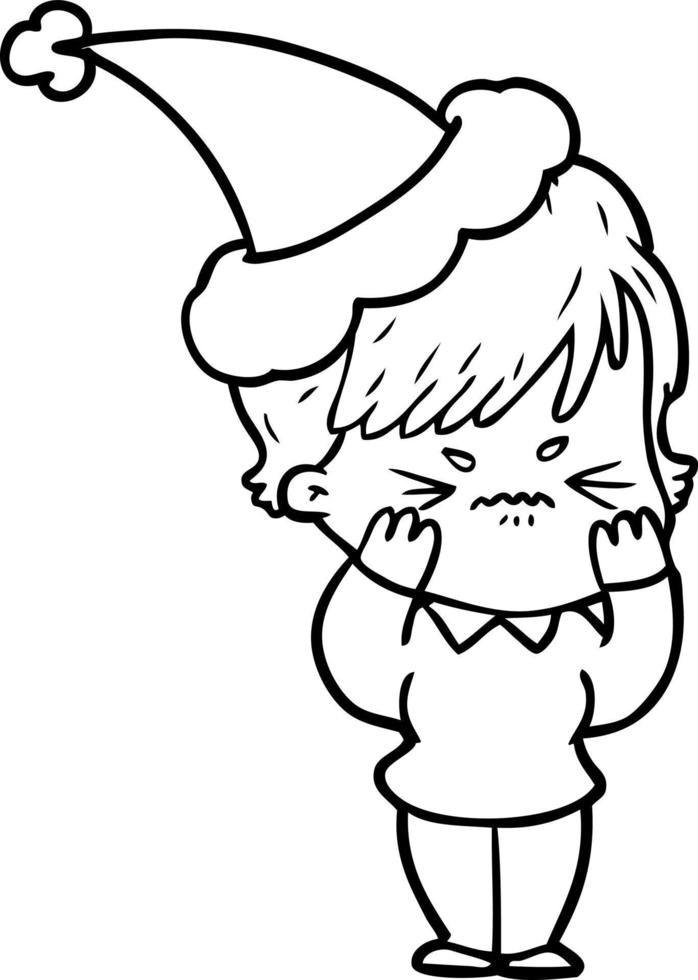 line drawing of a frustrated woman wearing santa hat vector