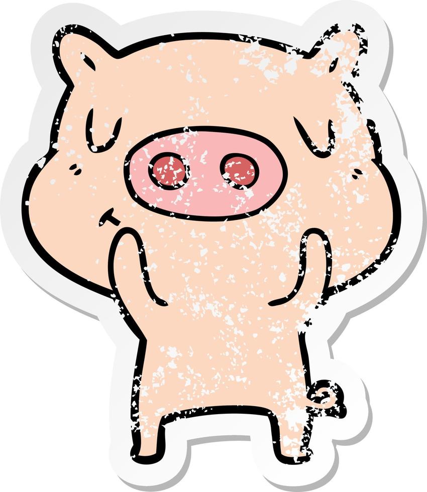 distressed sticker of a cartoon content pig vector