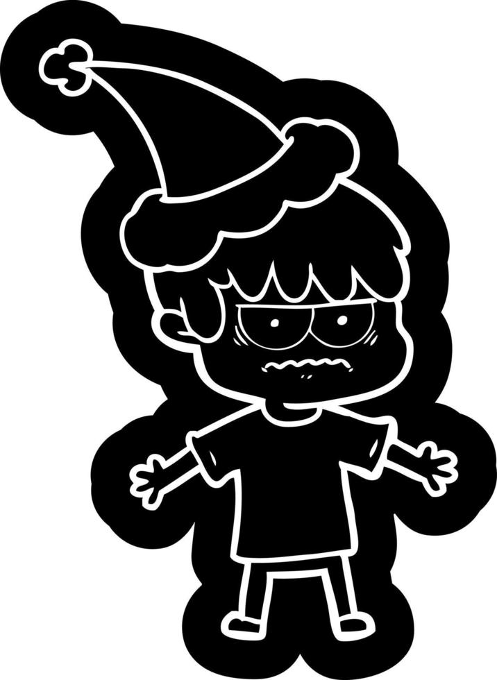 annoyed cartoon icon of a boy wearing santa hat vector