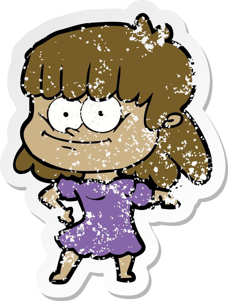 distressed sticker of a cartoon smiling woman vector