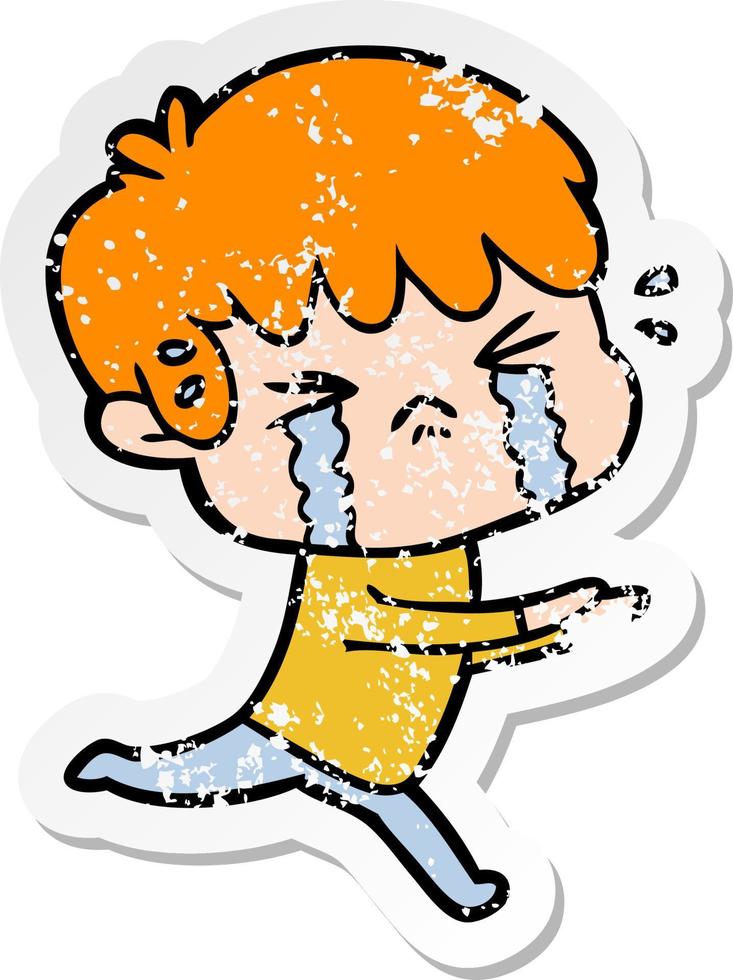 distressed sticker of a cartoon boy crying vector