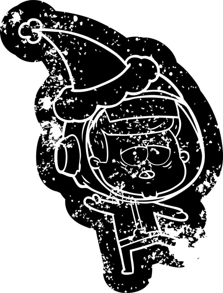 icono angustiado de dibujos animados de un astronauta cansado con sombrero de santa vector