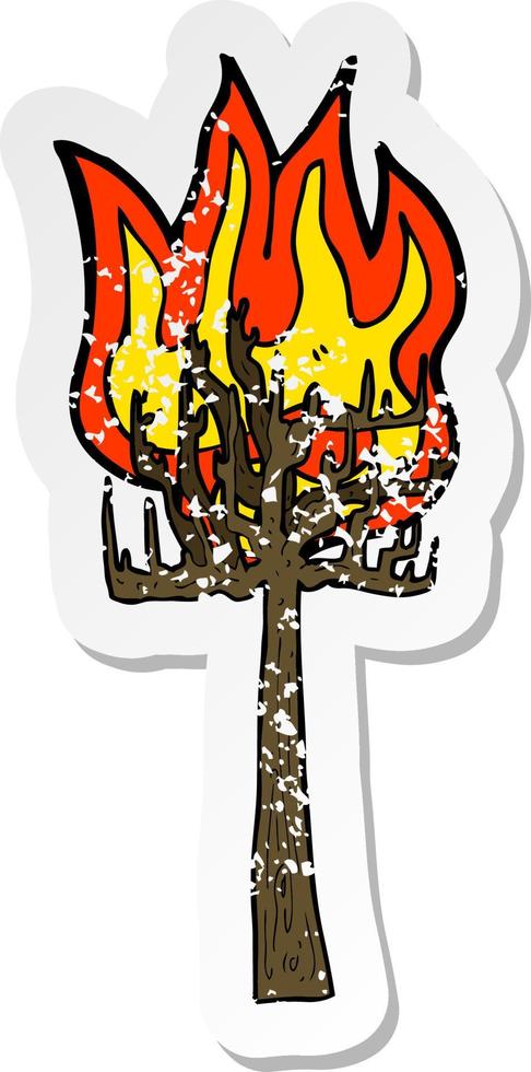 retro distressed sticker of a cartoon tree on fire vector