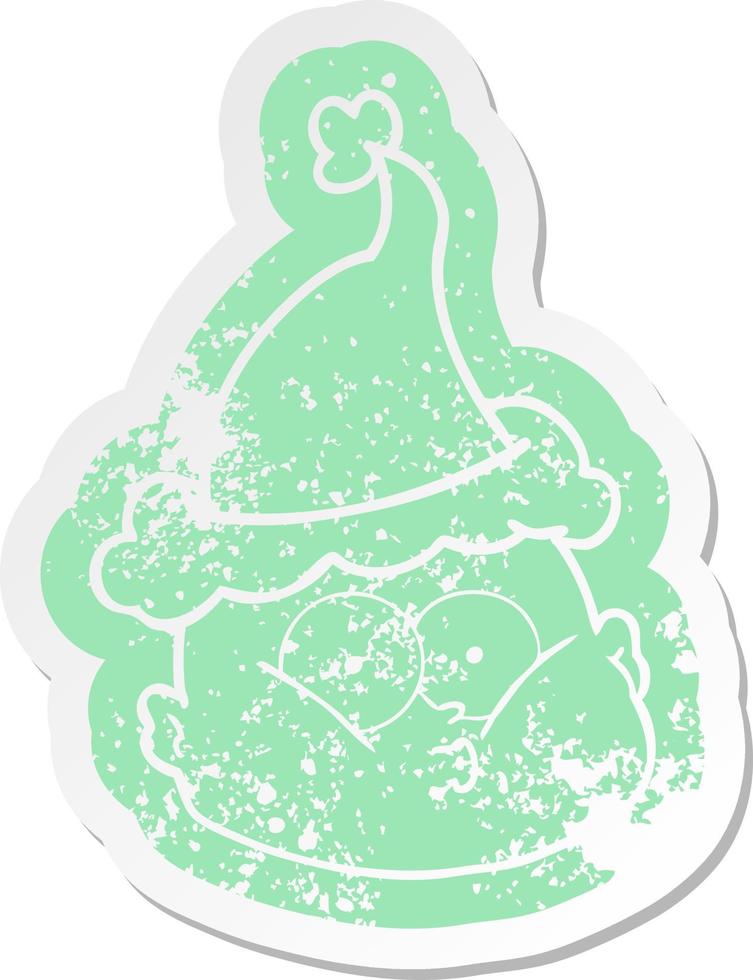 cartoon distressed sticker of a curious bald man wearing santa hat vector