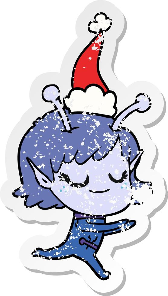 smiling alien girl distressed sticker cartoon of a running wearing santa hat vector