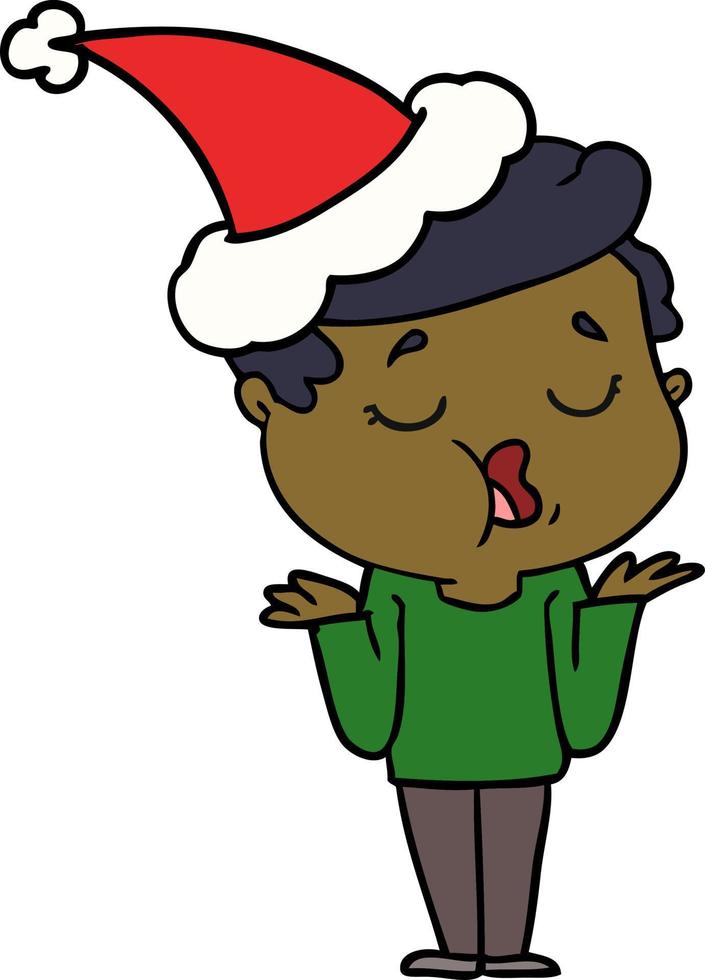 line drawing of a man talking and shrugging shoulders wearing santa hat vector
