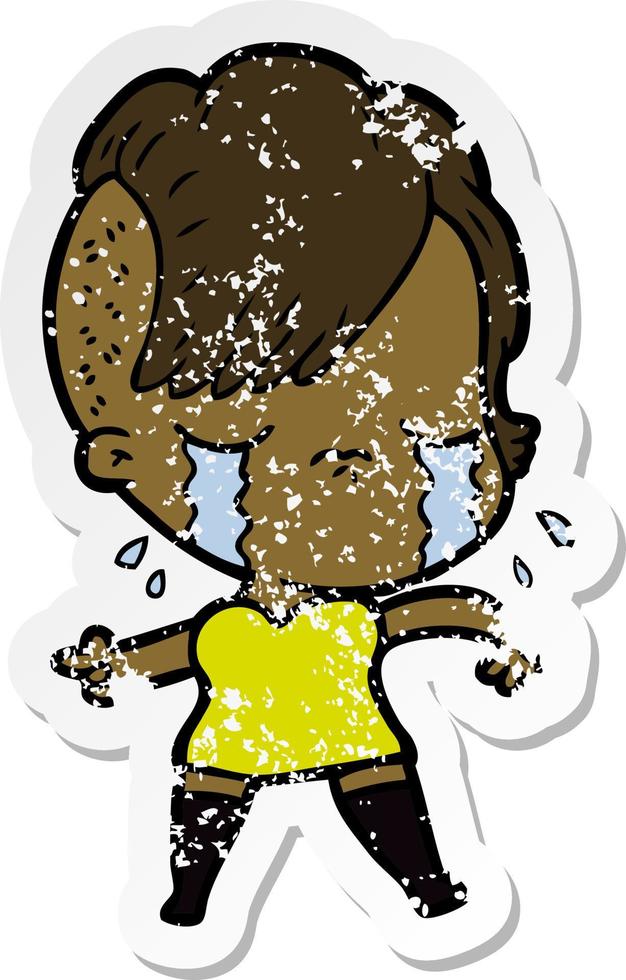 distressed sticker of a cartoon crying girl vector