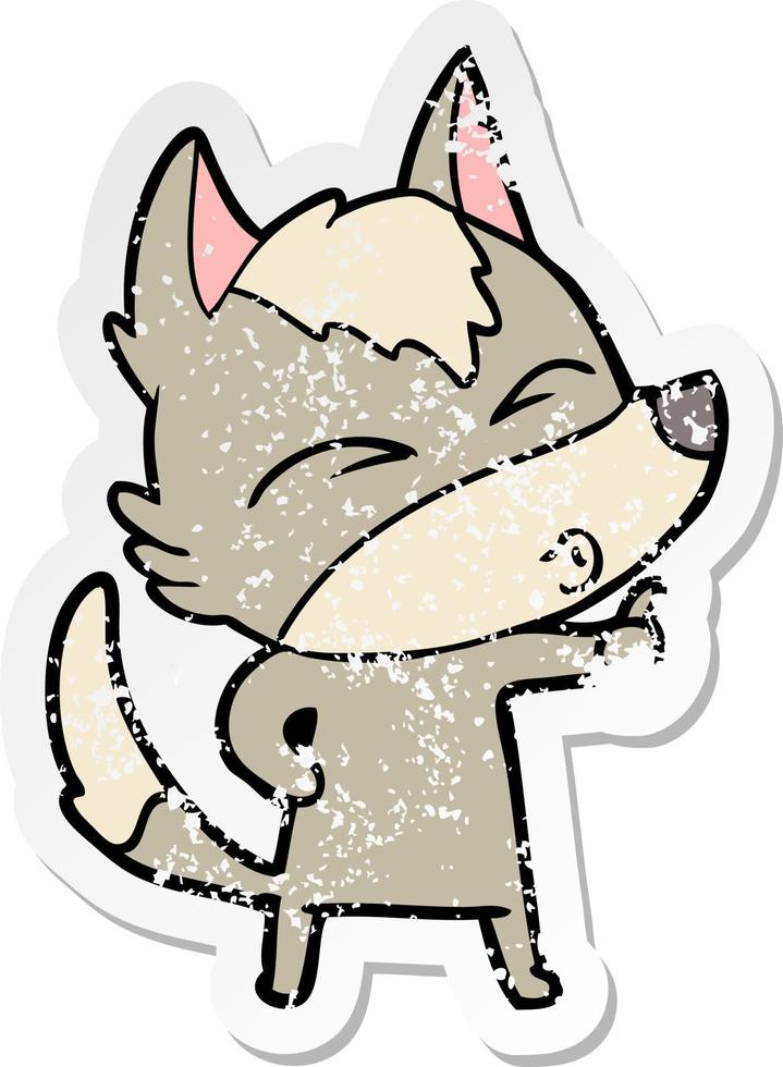 distressed sticker of a cartoon wolf pouting vector