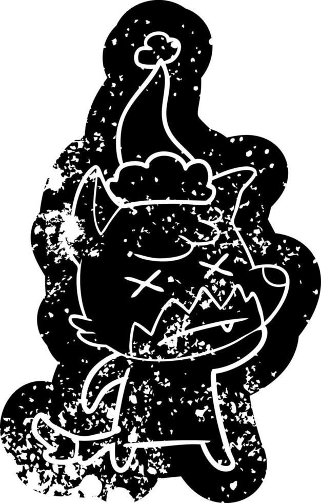 cartoon distressed icon of a dead fox wearing santa hat vector