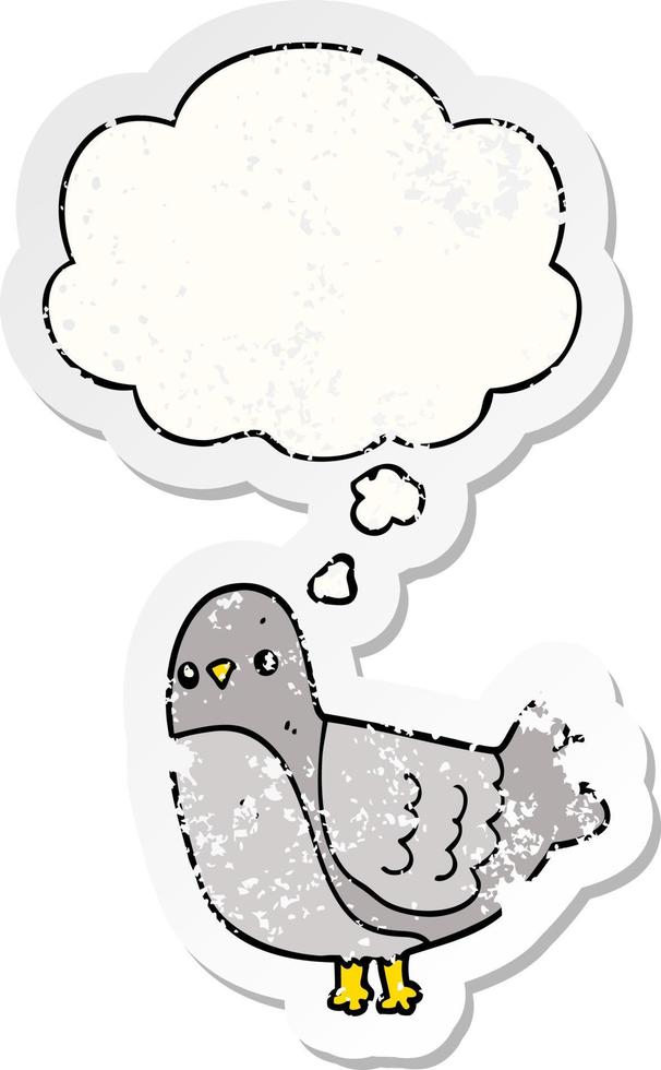 cartoon bird and thought bubble as a distressed worn sticker vector