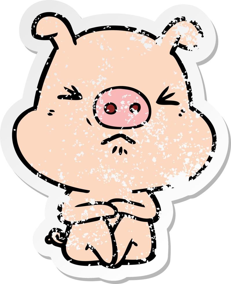 distressed sticker of a cartoon angry pig sat waiting vector