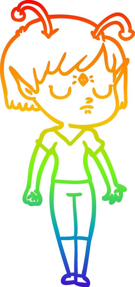 rainbow gradient line drawing cartoon alien girl vector