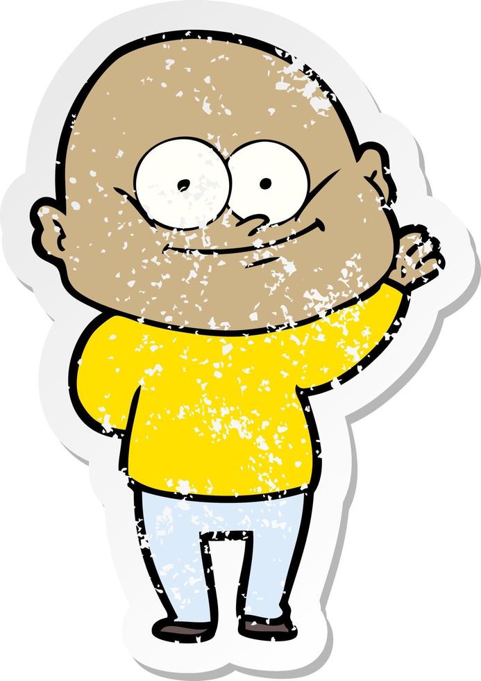 distressed sticker of a cartoon bald man staring vector