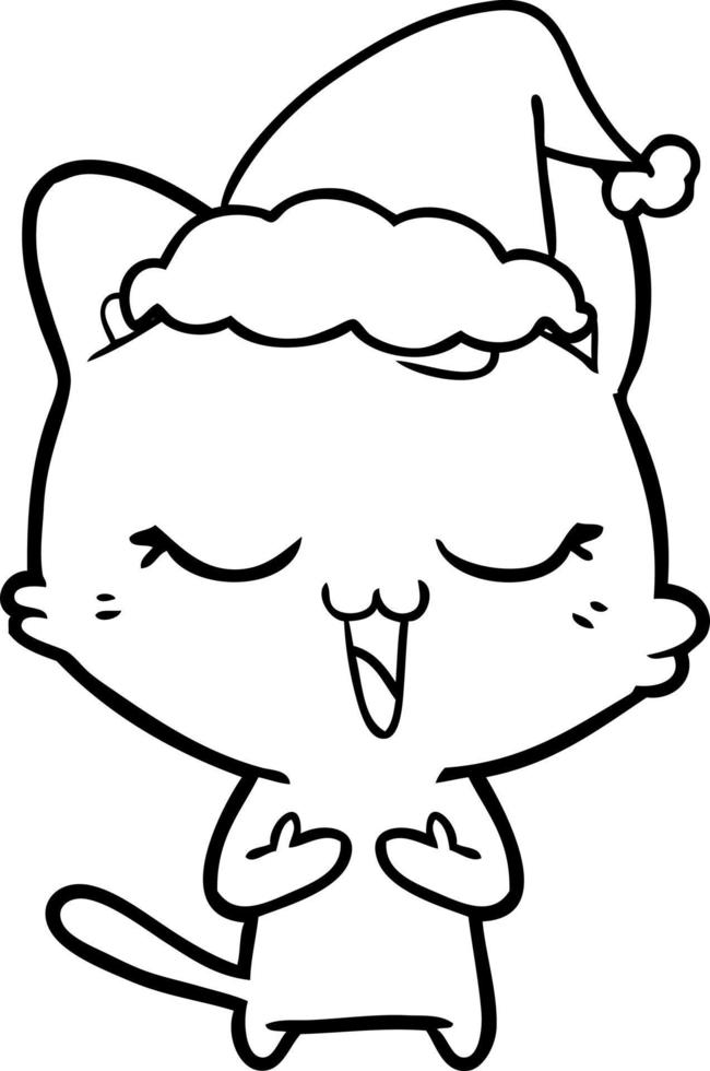 happy line drawing of a cat wearing santa hat vector