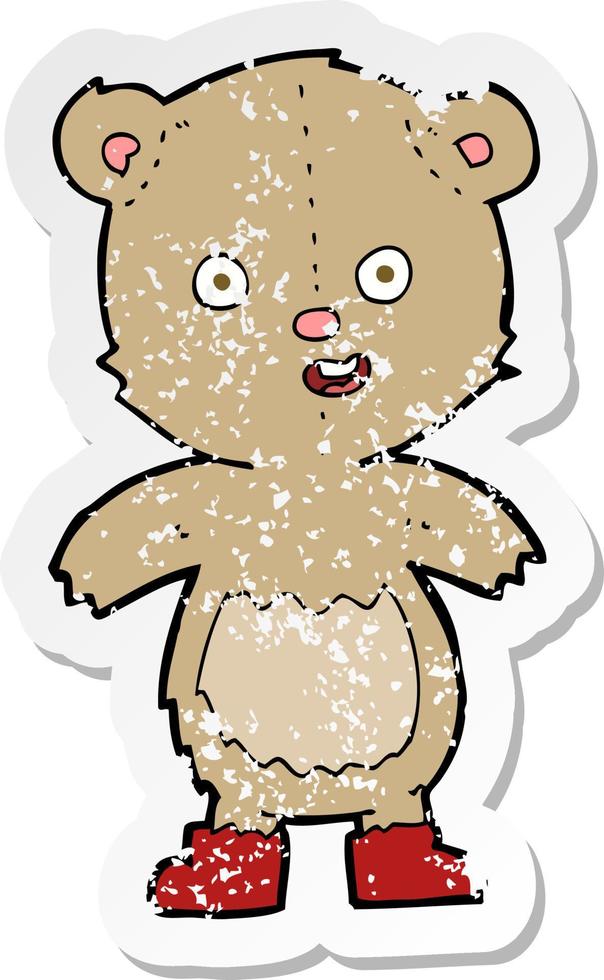 pegatina retro angustiada de un oso de peluche feliz de dibujos animados con botas vector