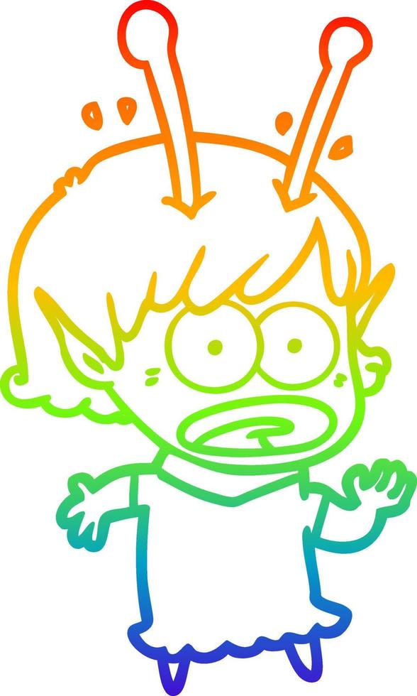 rainbow gradient line drawing cartoon shocked alien girl vector