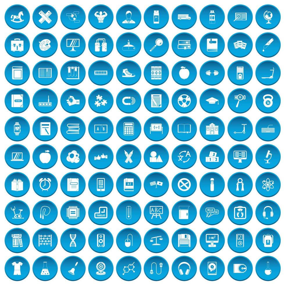 100 iconos de niños de aprendizaje conjunto azul vector