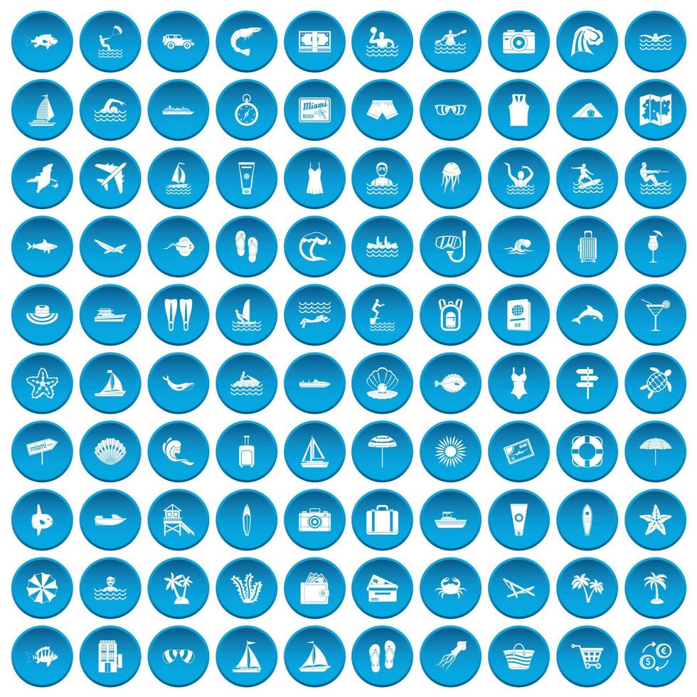 100 beach icons set blue vector