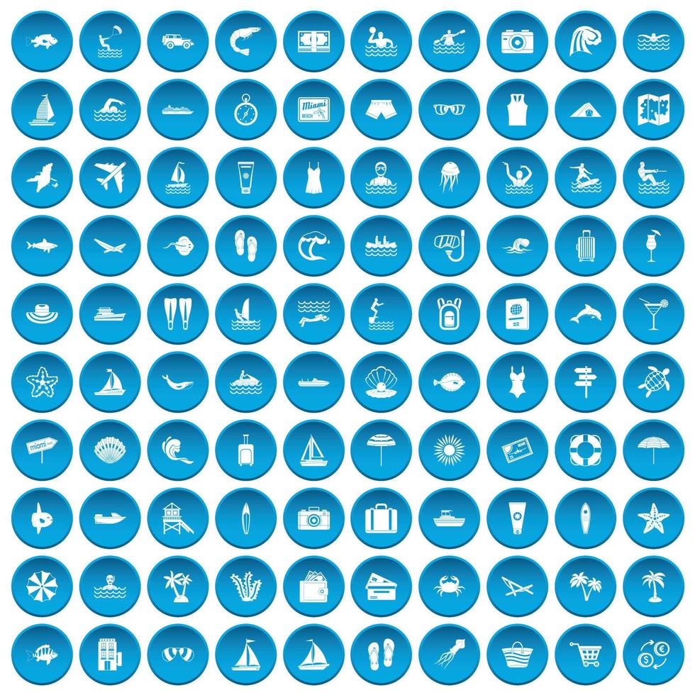 100 iconos de playa set azul vector