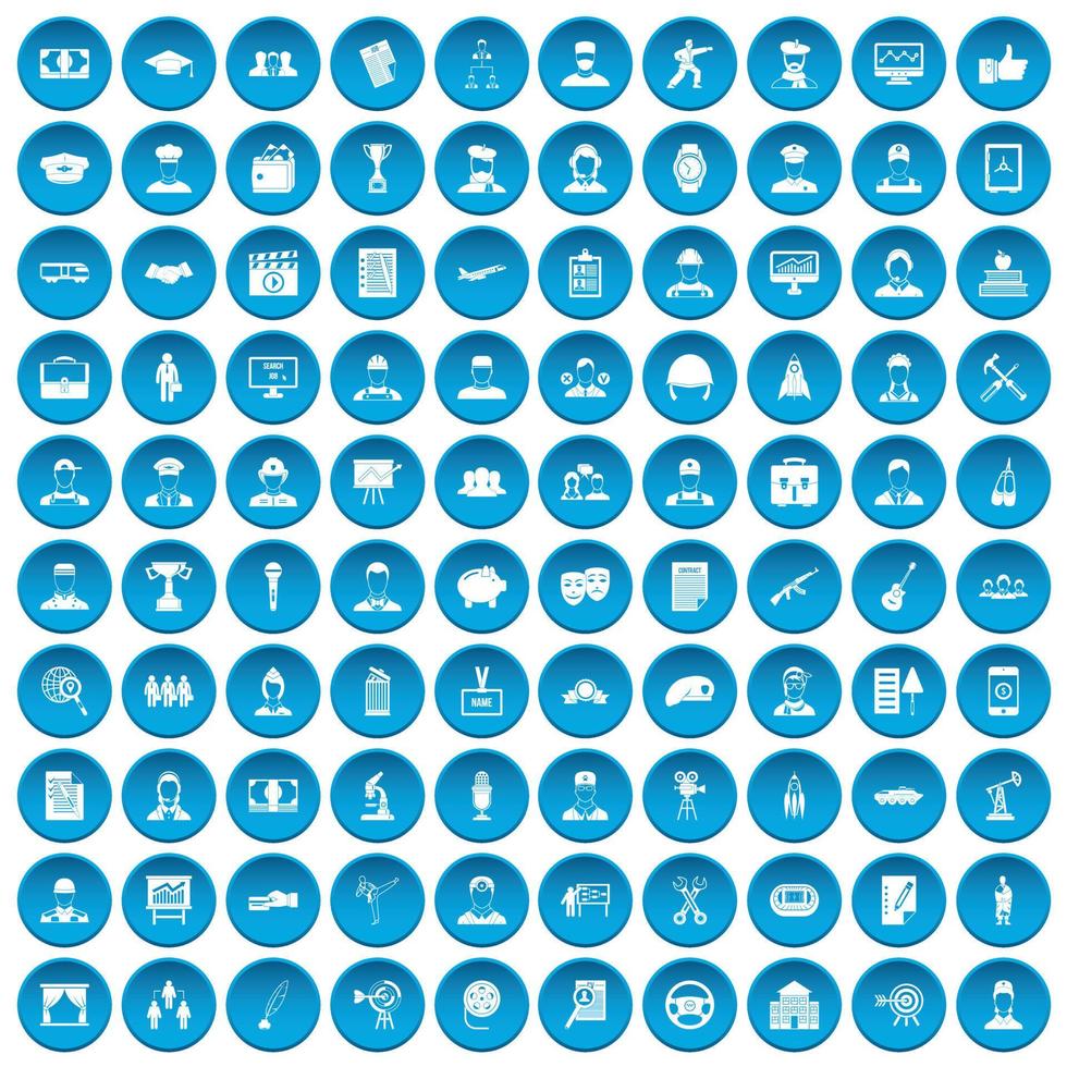 100 iconos de carrera conjunto azul vector
