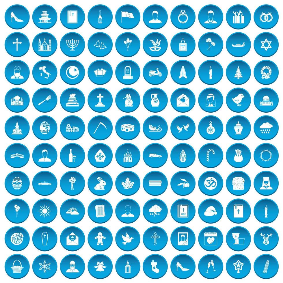 100 church icons set blue vector
