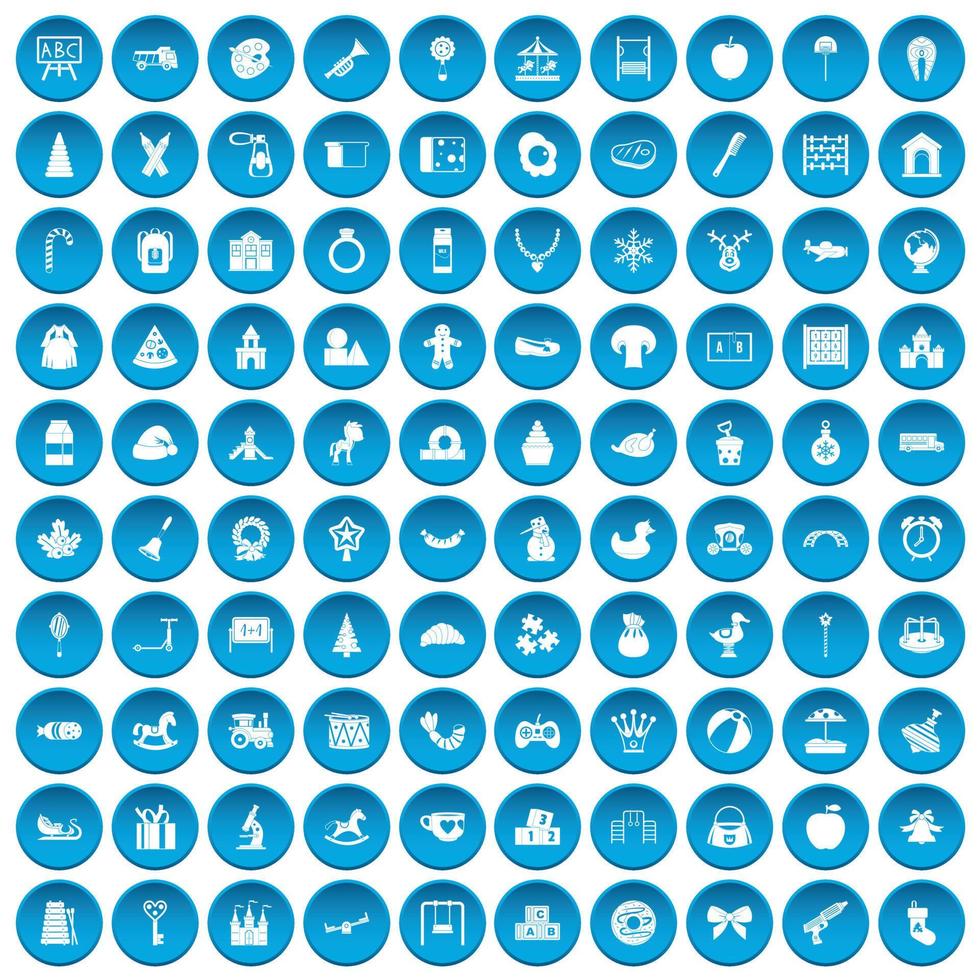 100 nursery school icons set blue vector