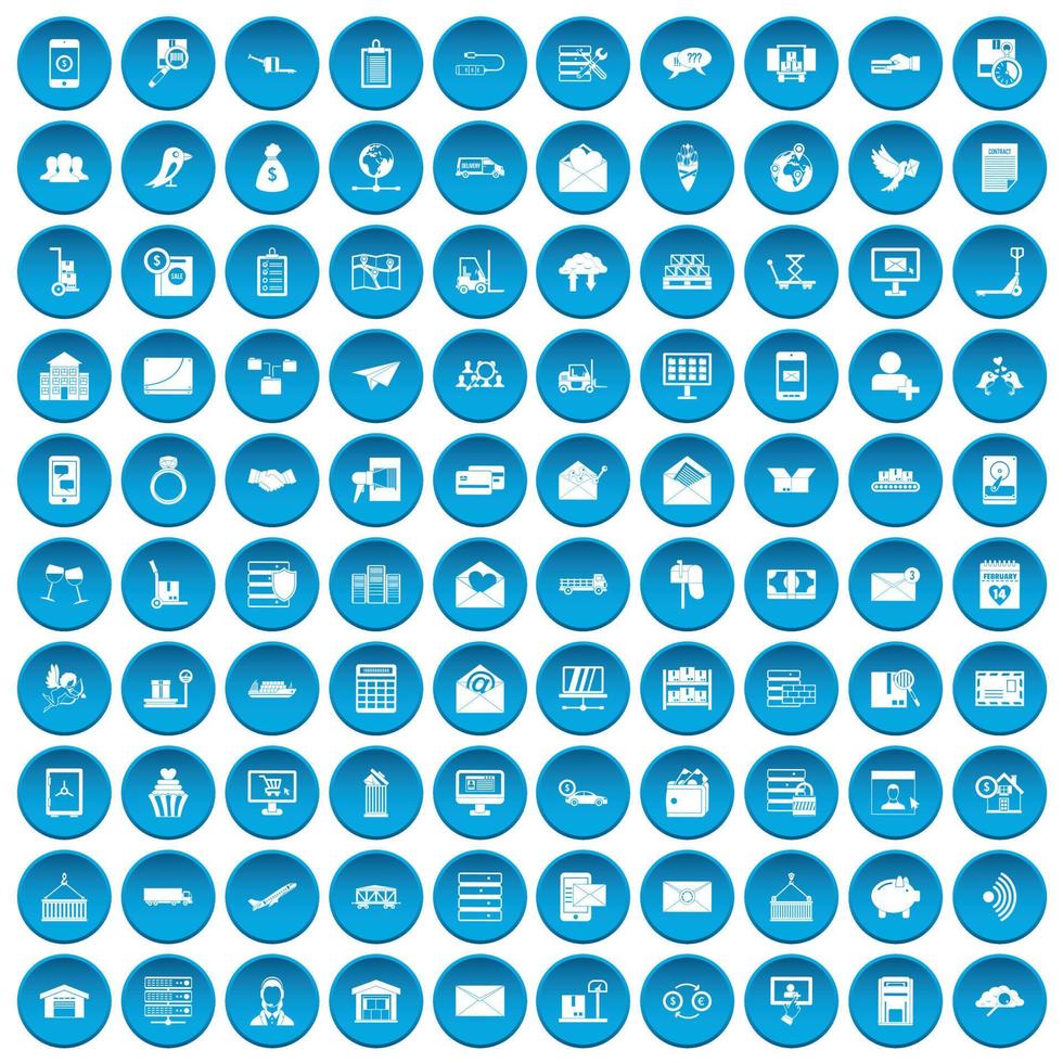 100 postal service icons set blue vector