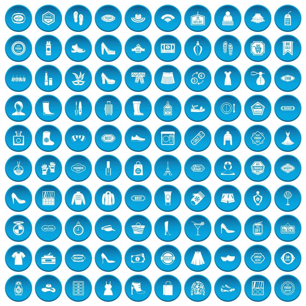 100 woman shopping icons set blue vector