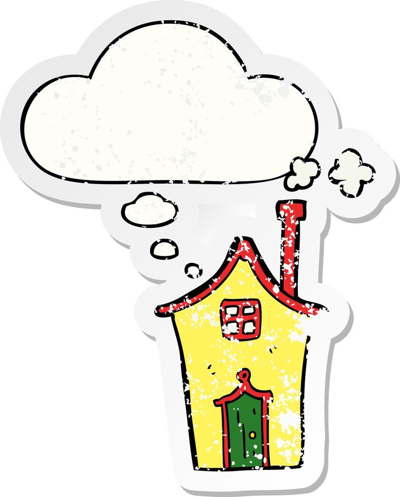 cartoon house and thought bubble as a distressed worn sticker vector