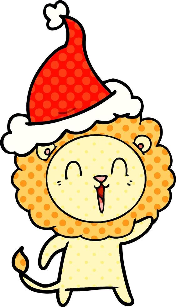 laughing lion comic book style illustration of a wearing santa hat vector