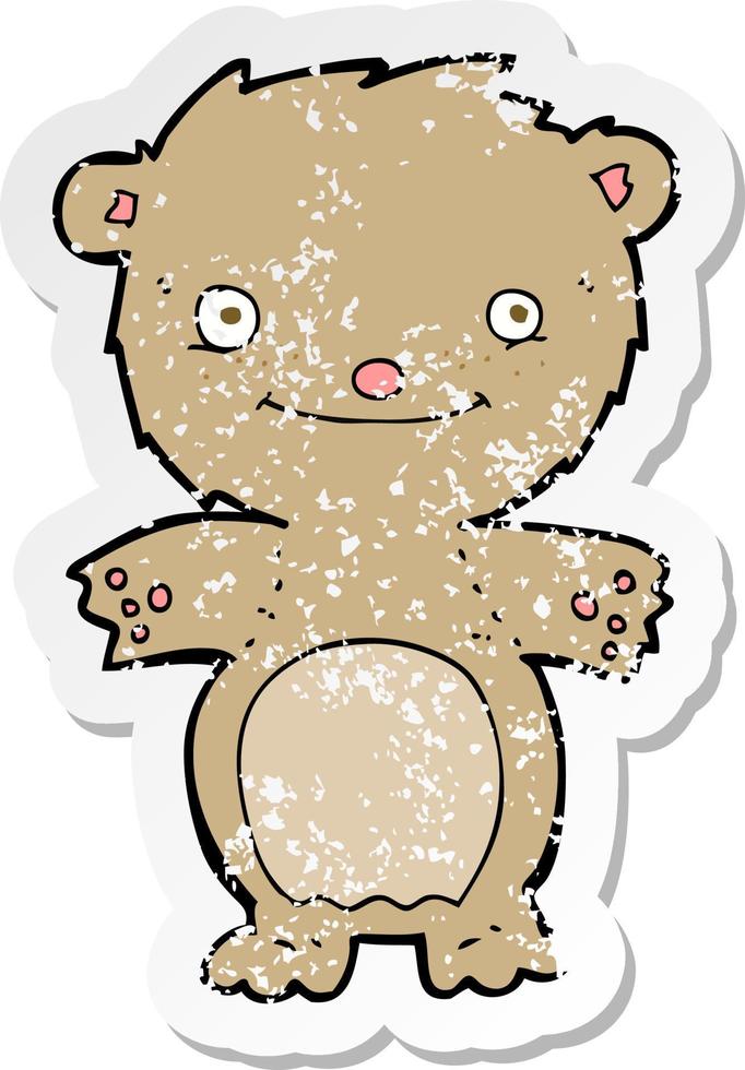 retro distressed sticker of a cartoon happy little teddy bear vector